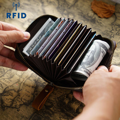 ที่มีคุณภาพสูงย้อนยุควีไอพี ID ธนาคารผู้ถือบัตรเครดิต Rfid ซิปกระเป๋าสตางค์บางกรณีบัตรขนาดเล็กบางบ้าม้าหนังแท้ RFID บุรุษกระเป๋าบัตรที่ทำด้วยมือ