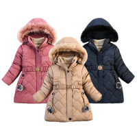 Thick Long Style Winter Keep Warm Girls Jacket Fur Collar Simulation Belt Grid Design Fashion Hooded Outerwear Coat For Kids