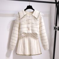 2021 Autumn Winter Elegant Knitted Mink Suit Women Mesh Lapel Long Sleeve Cardigan Sweater + A-Line Mini Skirts 2 Piece Set Set