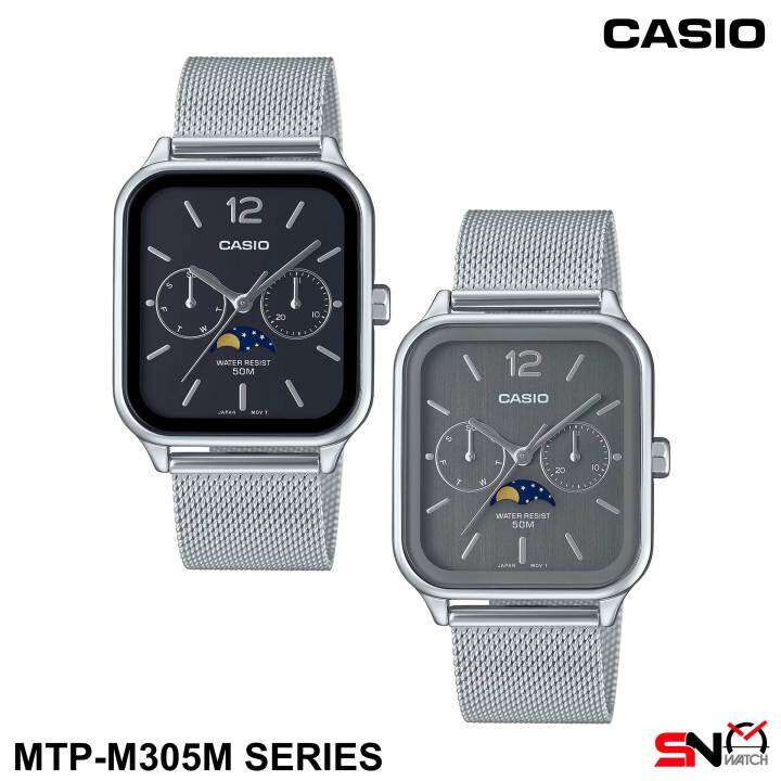 Casio MTPM305M MTPM305 Series Men Watch Moon Phase Display Analog Quartz Stainless Steel Mesh