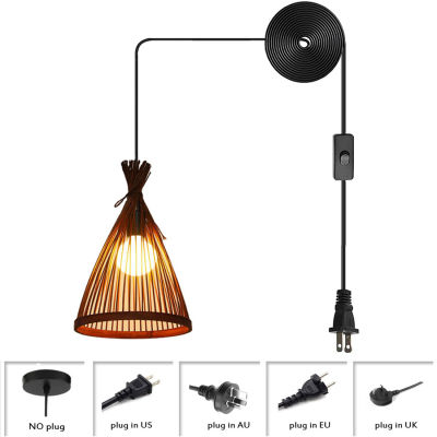 Hand Woven Bamboo Pendant Lighting for Kitchen Island, Plug In Cord Hanging Lamp, Brown Bamboo Basket Chandelier Ceiling Light