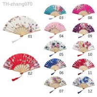 Elegant Cherry Blossom Print Folding Hand Fans Flower Print Vintage Fan White Polyester Fans Summer Girls Dancing Fan