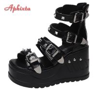 Aphixta 2022 INS Crystals Buckle Platform Sandals Women Cool Boots 10cm Wedges Heel Height Increasing Peep Toe Bling Shoes