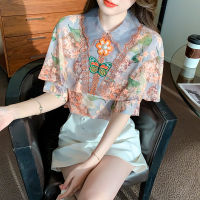 ร้อน, ร้อน★YIGE Fashion Printed Shirt 2023 Summer New Short Sleeve Doll Polo Collar Korean Elegant Top Heavy Crafted Beautiful Chiffon Blouse Girl