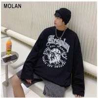 MOLAN เสื้อสเวตเตอร์แขนยาวสวมหัวผู้ชายคอกลมหลวมผู้ชายไซส์ใหญ่พิเศษ,เสื้อลายพิมพ์แขนยาวย้อนยุคเสื้อสเวตเตอร์บางใส่เป็นคู่ลำลอง