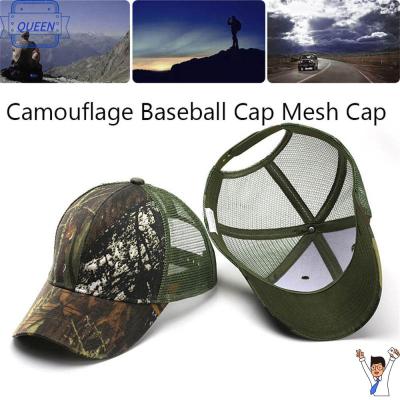 QUEEN บุรุษสตรี เดินป่าล่าสัตว์ ปรับได้ แคมป์ปิ้ง Camo หมวกหมวก หมวกตาข่าย หมวกแก๊ป หมวก trucker หมวกเบสบอลลายพราง
