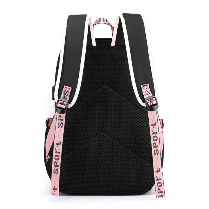 fengdong-large-school-bags-for-teenage-girls-usb-port-canvas-schoolbag-student-book-bag-fashion-black-pink-teen-school-backpack