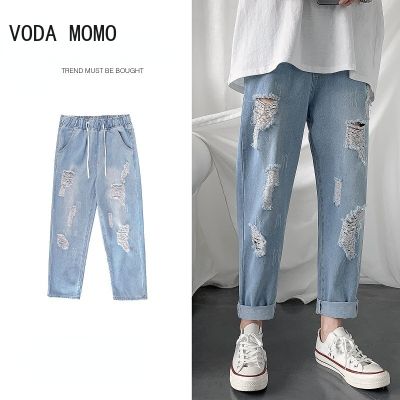 Slim Fit กางเกงยีนส์สำหรับบุรุษ Streetwear เกาหลี Designer ปกติ Distressed Denim Slim Homme กางเกง Hip Hop Hole กางเกงยีนส์กางเกง