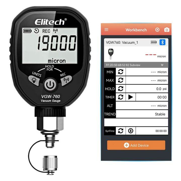Elitech VGW760 Wireless Digital Vacuum Gauge Micron Gauge for HVAC Digital Vacuum Meter