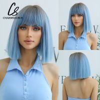 CharmSource สังเคราะห์ผมสั้นวิกผม Bangs คอสเพลย์วิกผมสำหรับผู้หญิงตรงบ๊อบสีชมพูสีแดงสีน้ำตาลสีน้ำเงินสีเขียวสีขาวสีม่วงสีเทา