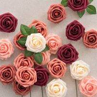 25pcs Artificial Flowers Burgundy Ombre Colors Foam Rose Bride Bouquet Flower for DIY Wedding Bouquets Centerpieces Arrang Decor