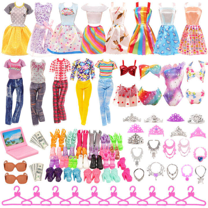 doll-clothes-accessories-for-barbie-49-items-7-dress-3-coat-pants-2-swimsuit-10-shoes-10-hangers-17-miniature-kids-toys