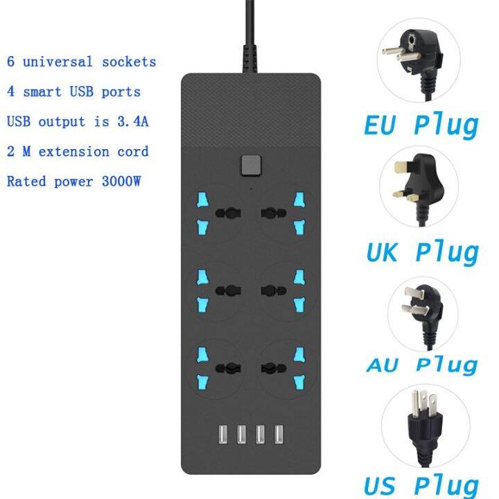 Home Portable USB Extension Lead Power Strip,6 Multi USB Charger,3 Hole