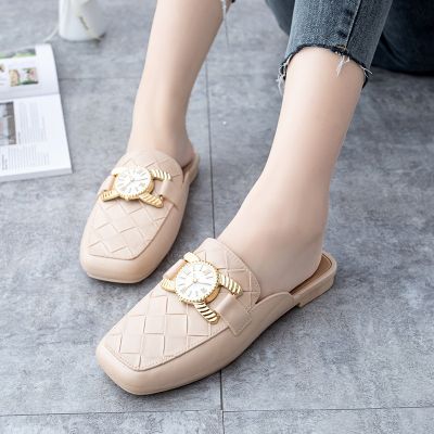 Cross-border fashion half slippers female ins outside the summer of baotou shoe wearing a leather couch shoes non-skid flat wholesale