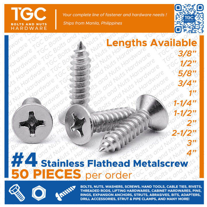 TGC 50PCS # 4 x 3/8~1-1/2 inches Stainless Metal Screw Flathead | SS ...