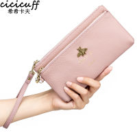 2022 Genuine Leather Womens Wallet Fashion Zippers Bag Long Coin Bee Purse Wristband Female Clutch Ladies Real Leather Wallets