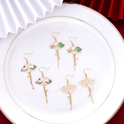 ดอกซากุระ OLOLDAN มีพู่รูปดอกบัวจี้ไข่มุกจีนต่างหูรูปหยดน้ำยาวต่างหูแบบห่วงพัดลมใบพัด