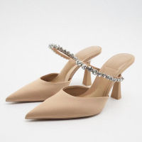 TRAF Rhinestone ส้น Slingback รองเท้าส้นสูงผู้หญิงสีดำปั๊ม2022ผู้หญิง Elegant Modern รองเท้าส้นสูง Pointed Party Stilettos ~