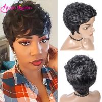 【LZ】☫  Short Hair Wigs Pixie Cut Curly Human Hair With Bangs for Women Brazilian Virgin Hair Glueless Natural Black Color Pixie Wig