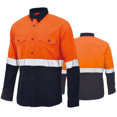 เสื้อสะท้อนแสงสำหรับทำงานเสื้อแขนยาวเพื่อความปลอดภัยสำหรับผู้ชายผ้าฝ้าย100 สีส้มกองทัพเรือเสื้อก่อสร้างเสื้อเรืองแสง