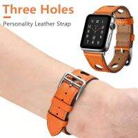 ✆℗ Three Holes Personality Strap for Apple Watch Band 44/40mm 42/38mm Orange Classic Leather Bracelet for iWatch Series 6/5/4/3/SE