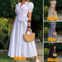 ZANZEA Women Europe Style Retro Puff Short Sleeve Turn-Down-Collar Solid Color Maxi Dress