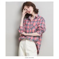 korean women ladies plaid loose long sleeve cotton linen tops shirt blouse baju kemeja wanita lengan panjang kemeja