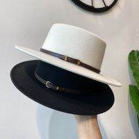 Fashion Fedoras Women White Black Wide Brim Fedora Hat Ladies Imitation Wool Felt Hats With Leather Belt Decor Panama Jazz Cap