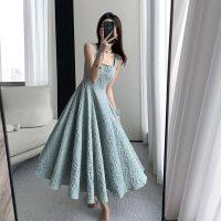 COD DSTGRTYTRUYUY Summer new jacquard swing womens mint blue waist maxi slip dress