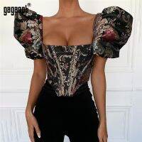 {AH Department Store}Gagaopt สแควร์คอ Jacquard กระดูก Bustier ท็อปส์พืชเสื้อพัฟแขนเซ็กซี่เปลือยเสื้อผู้หญิงซิปสง่างาม