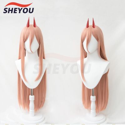 （New）Anime Chainsaw Man Power Cosplay Long Orange Pink Heat Resistant Synthetic Hair Wigs + Red Horn Hairpins Props Wig &amp; Hair Extensions &amp; Pads dbv