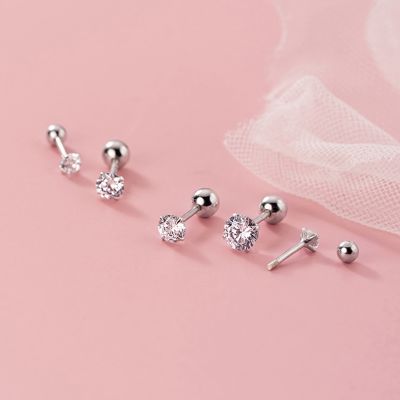 925 Sterling Silver Tiny 3mm 4mm 5mm Zircon Screw Back Stud Earrings For Women Single Silver Ball Ear Hole Dating Piercing Jewel