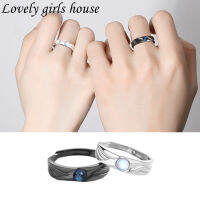 【♡Lovely girls house♡】แหวนคู่ Angel And Devil สำหรับผู้ชายผู้หญิง1คู่แหวนเปิดอินเทรนด์ Retro Moonstone Rings