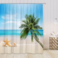 ม่านอาบน้ำชายหาดทะเล Ocean Tropical Palm Tree Seaside View ม่านอาบน้ำผ้ากันน้ำสำหรับห้องน้ำ Décor Hooks สีเขียว 180 * 180 ซม