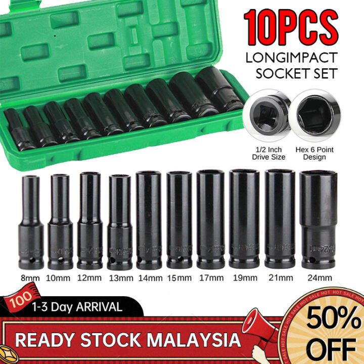 10PCS 1/2"824mm Socket Wrench Set Tool Length Extra Long Deep Impact Box Socket Metric Air