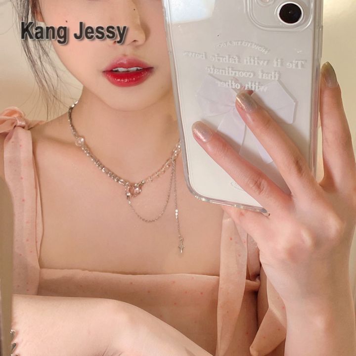 kang-jessy-จี้หัวใจสีชมพูสร้อยคอลูกปัดสำหรับผู้หญิงการออกแบบเฉพาะกลุ่มพู่โซ่กระดูกไหปลาร้าแบบเย็บสายฟ้าสร้อยคอหรูหราระดับไฮเอนด์