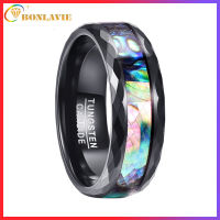 8mm Abalone Shell Tungsten Carbide Rings Unisex Wedding Bands Faceted Edge Comfort Fit Size 5-14