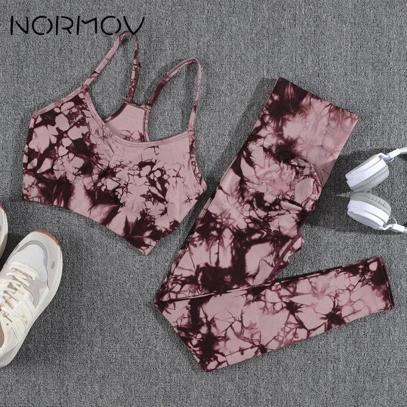 NORMOV 1/2Pcs Yoga Set Tie Dyeing Workout Set Seamless Gym Set