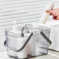 [Zeberdany] Bath Organizer Basket Stylish Clear Stripe ที่เก็บฝักบัวความจุขนาดใหญ่พร้อมที่จับสำหรับห้องน้ำ