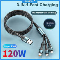 BOKEWU 3 In 1 5A 120W Type-C สายข้อมูลไมโคร USB สายชาร์จที่ชาร์จแบตเตอรี่โทรศัพท์สายไนลอน USB