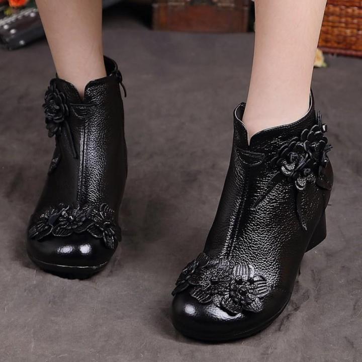รองเท้าหนังวัวสำหรับสตรี-sepatu-boot-pendek-รองเท้าขนาดใหญ่บูททำจากฝ้ายย้อนยุคทำด้วยมือรองเท้าบูทส้นเตารีดหนังสายเดี่ยวหนังแท้