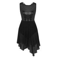 Womens Lyrical Dance Dress Sequins V-Neck Chiffon Asymmetric Skirted Leotard Modern Contemporary Dresses