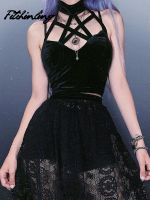 Fitshinling Pentagram Gothic Camis Tanks Tops Women Fashion Grunge Velvet Halter Crop Top Backless Sexy Black Camisole Punk Dark