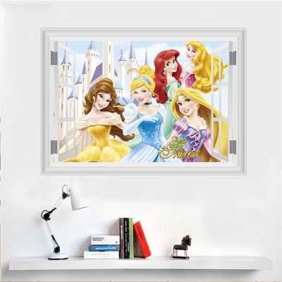 Cartoon Belle Ariel Belle Aurora Princess Wall Sticker For Home Decoration 3d Window Anime Mural Art Diy Kids Room Wall Decals