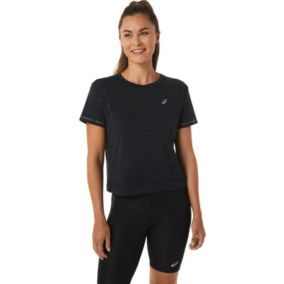 ASICS :  RACE CROP TOP WOMEN RUNNING เสื้อ ผู้หญิง เสื้อ เสื้อคอกลม ของแท้  PERFORMANCE BLACK/CHARCOAL GREY