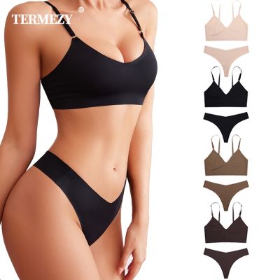 【cw】 TERMEZY Seamless Set Thong Low Waist Panties Wire Bralette Brassiere Female ！