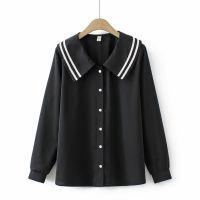 【มีไซส์ใหญ่】Plus Size Womens Striped Chiffon Blouses Long Sleeved Button Up Female Tops Ladies Office-wear Muslimah Fashion Top