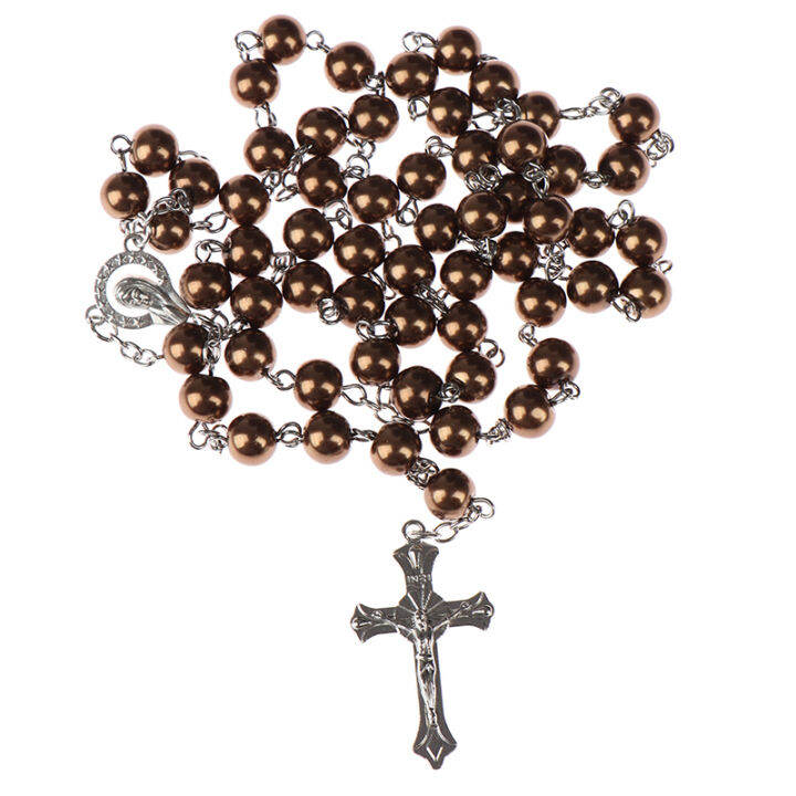 Ditur Cross Necklace Rosary Beads Pearl Catholic Pendant Virgin Mary