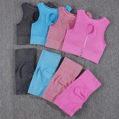 NORMOV Zipper Yoga Sets Seamless 1/2 PCS Sports Suits 2023 Summer Gym Set Women Wash Fitness Set Running Bra High Waist Shorts