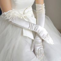 ❡♛❖ Long Pearls Opera Party 20s Satin Gloves Full Finger Adult Size Tea Party Wedding Bridal Gloves